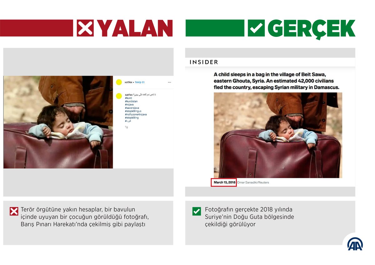 anadoluajansi's tweet photo. ❌ Yalanlar
✅ Gerçekler
Harekat aleyhine 'savaştan etkilenen çocukların' fotoğraflarıyla manipülasyon
#BarışPınarıHarekatı aleyhinde sosyal medyada ortaya atılan yalanları AA ifşa ediyor https://t.co/7x6ebFF615
#FactCheckOperationPeaceSpring https://t.co/BTUSIx17nr