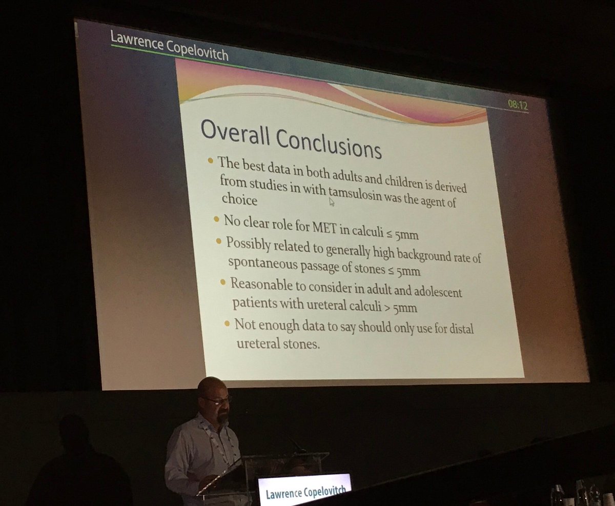 ESPNSociety's tweet photo. Lawrence Kopelovitch on medical expulsive therapy (MET) for stones in children: the jury is still out; better evidence with larger stones. (MC) #IPNA2019 https://t.co/Lyv4kipW68
