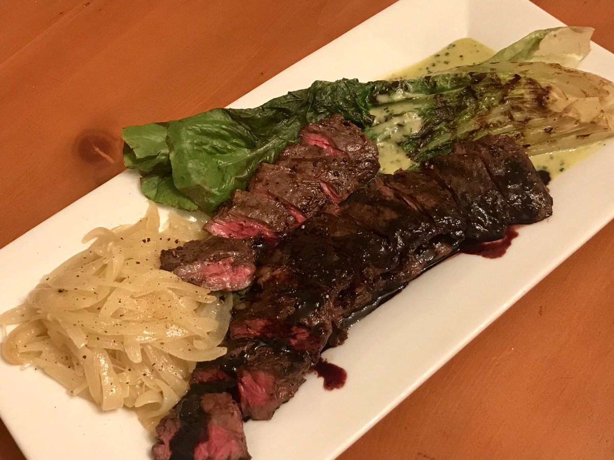 Dinner at home - last one for awhile...
Skirt Steak, Red Wine Redux, Butter Poached Onions, Grilled Romaine, Avocado Vinaigrette 

#dinnerathome #steak #skirtsteak #forkyeah #eeeeeats #f52grams  #cheflife