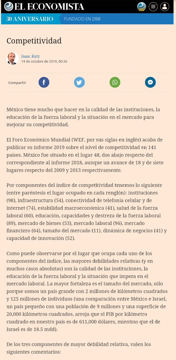 Un indicador es que cerca de 60% de los trabajadores son informales, y la mayoría trabaja en empresas muy pequeñas que no generan economías a escala. Esto reduce la competitividad: @econoclastahttps://eleconomista.com.mx/opinion/Competitividad-20191014-0010.html …
