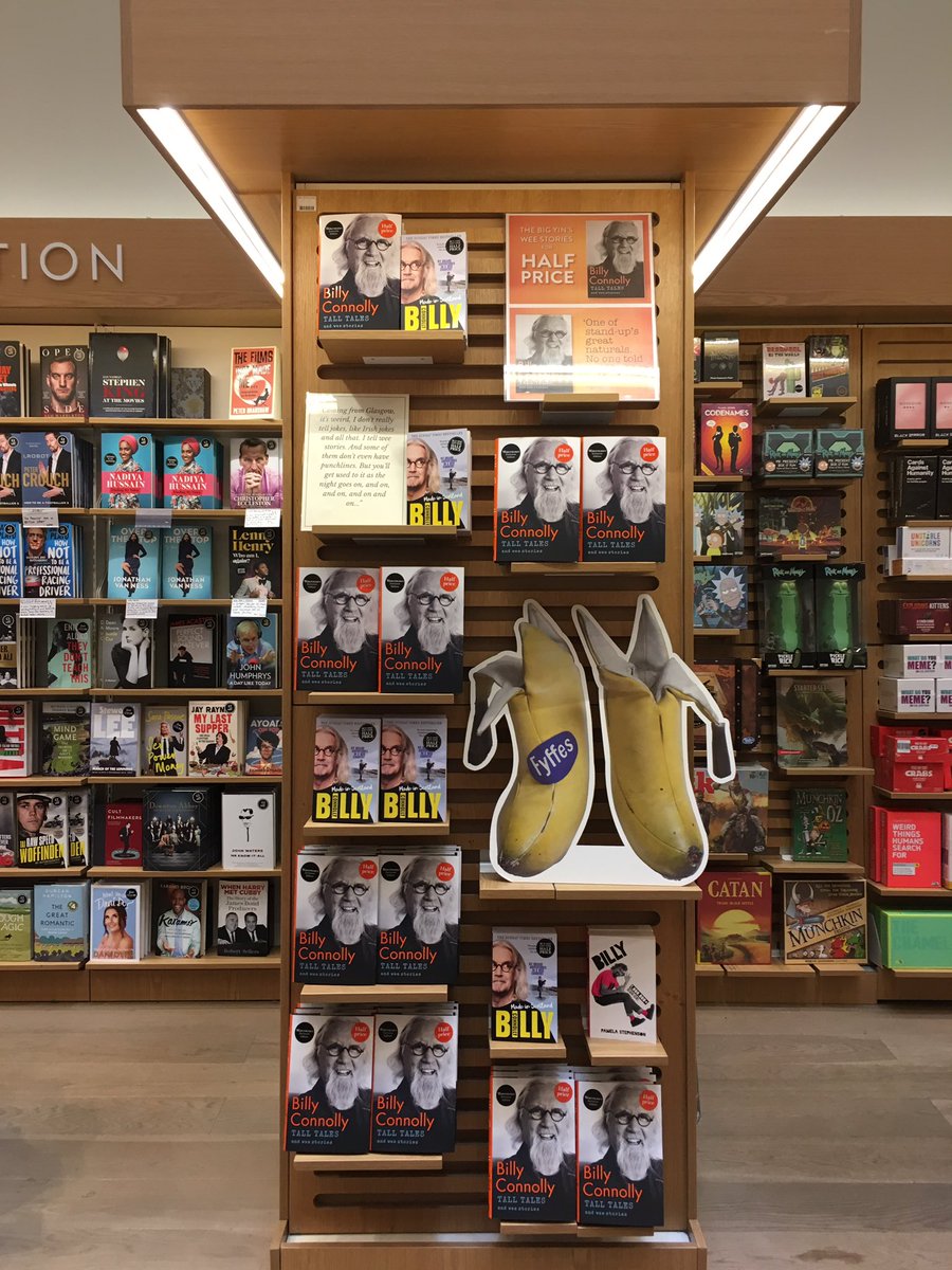 WaterstonesGla's tweet photo. @jesskkim Just a few of the places you can find our hero #billyconnolly in the shop at the moment including, as shown here by one our bar staff(!) a couple of FABULOUS prints by the man himself (on loan from @castlegalleries). Weโre making #BillyDay last for as many days as possible! https://t.co/8VV1v406TE