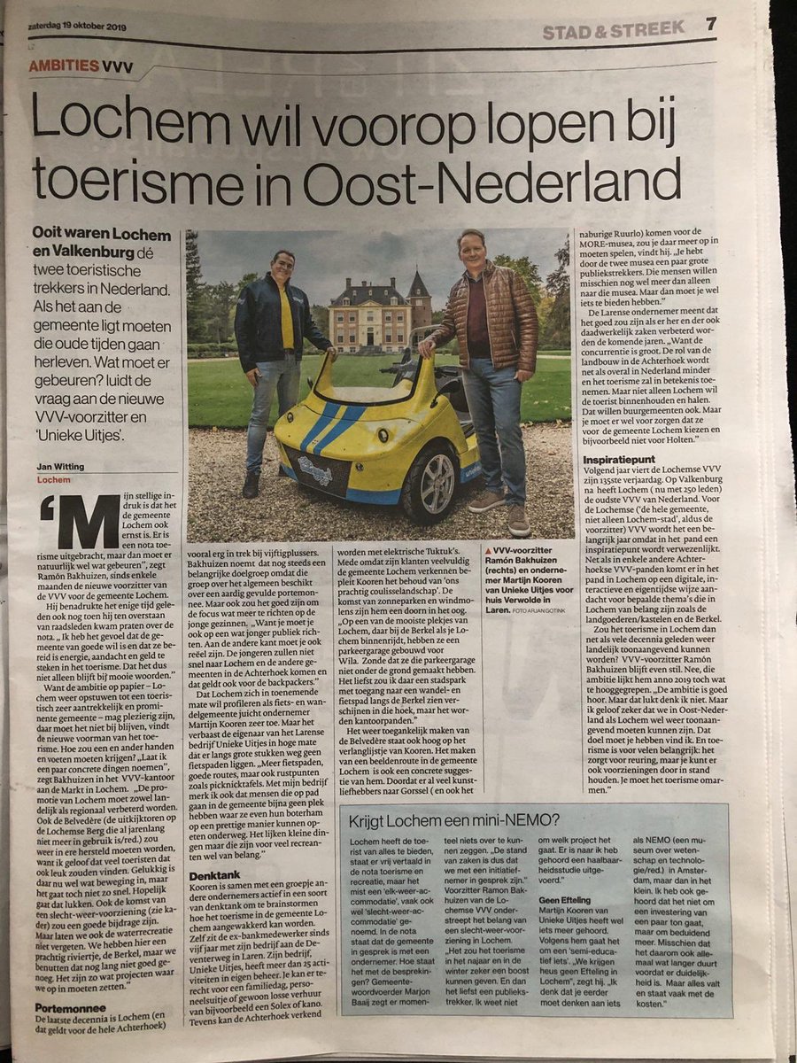 Een leuk artikel in de De <a href="/ds_Achterhoek/">deStentor_Achterhoek</a> over het toerisme in Oost Nederland. Waarbij <a href="/VVVlochem/">VVVlochem</a> en Unieke Uitjes zijn gevraagd hun visie te geven.
#achterhoek #lochem #toerisme #uniekeuitjes #vvvlochem