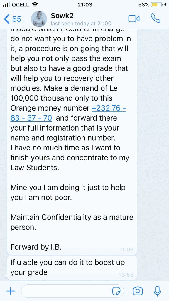 EsqRashid's tweet photo. I did expose today d biggest student corruption racketeering scam at FBC.

2 students at d Social Work Department, FBC are currently behind bars 4 engaging in a joint criminal enterprise to extort millions of leones from their colleagues in  my name to pass d exams. See attached. https://t.co/ylWhyp444R