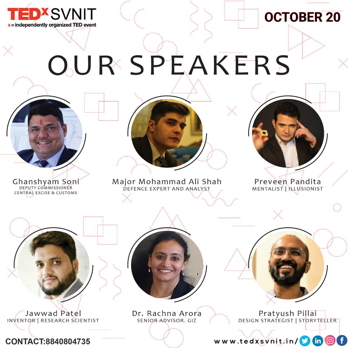 tedxsvnit's tweet photo. Catch our speakers live on 20th October ! 
Visit https://t.co/pgulUFFBUe for more 
 #panorama
#TEDx 
#tedxsvnit https://t.co/tLYM7X0kFb