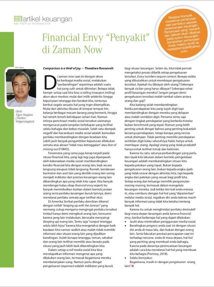 tigorsiagian's tweet photo. Buat mereka yg lagi (ga sengaja) bandingin hidup dan pencapaian (financially) dgn orang lain melalui medsos, berikut tulisan lama saya di majalaj internal soal #FinancialEnvy https://t.co/dSaVy2rMXI