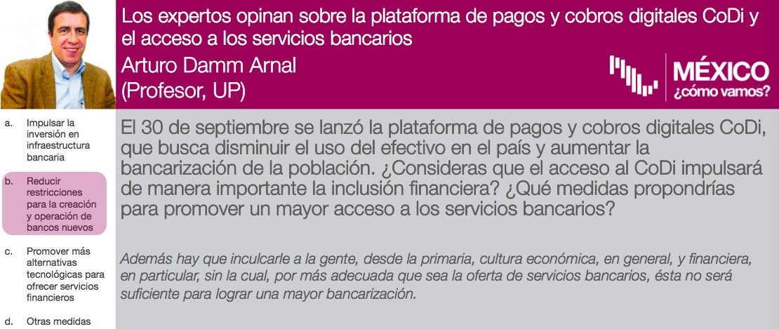 Este mes, los #ExpertosMCV opinan sobre el acceso a los servicios bancarios.📲💵🏦 Para @ArturoDammArnalreducir las restricciones para la creación y operación de bancos nuevos es una posible vía para aumentarlo. Lee su respuesta completa en: https://bit.ly/2pwRoar