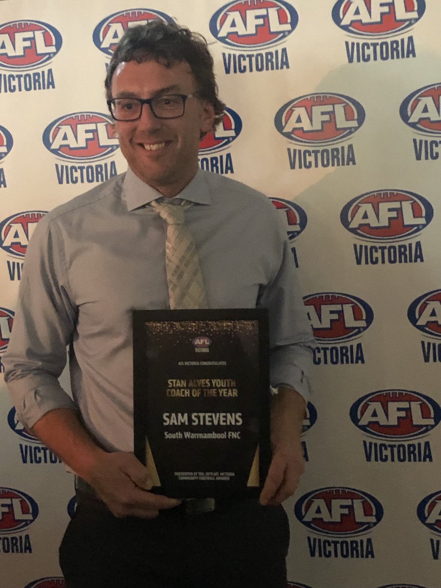 South Warrnambool FNC Sam Stevens wins Stan Alves Youth Coach of the Year at AFL Victoria Community Football Awards <a href="/HampdenLive/">Hampden League Live</a> <a href="/aflvic/">AFL Victoria</a> <a href="/AFL_WD/">AFL Western District</a>