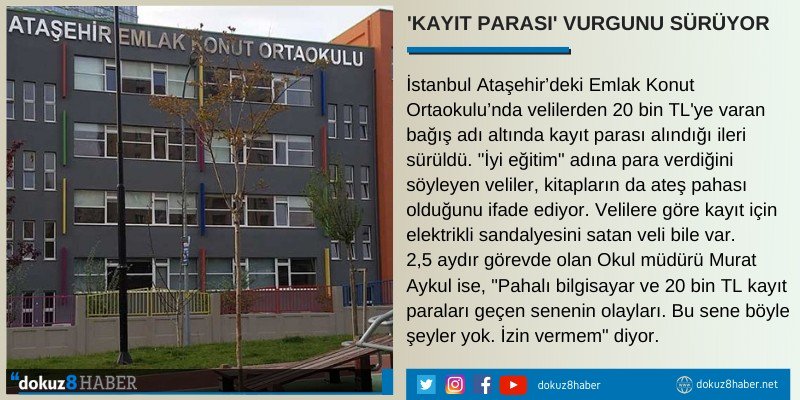 uzivatel dokuz8haber na twitteru cumhuriyetgzt devlet okullarinda bagis adi altinda kayit parasi toplanmaya devam ediliyor son iddia atasehir emlak konut ortaokulu ndan 20 bin tl veren veliler cocugunun egitimi icin elektrikli sandalyesini satan