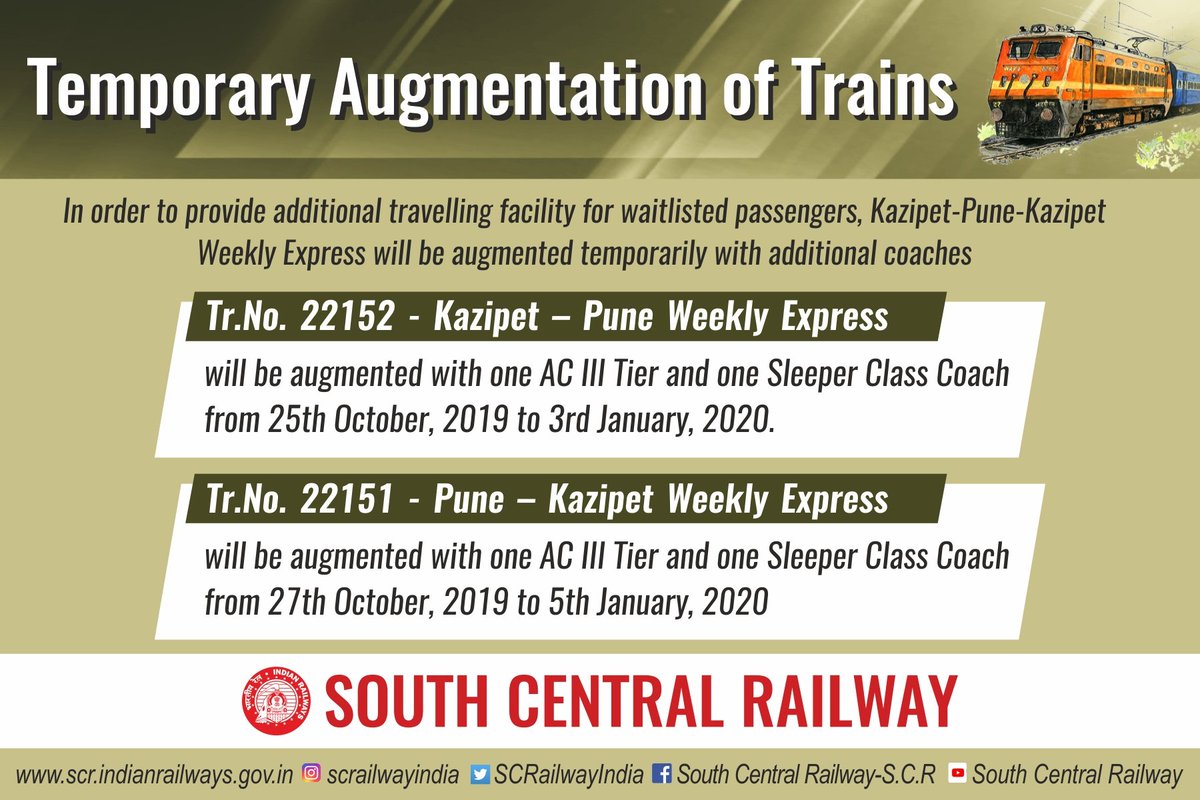 SCRailwayIndia's tweet photo. #TemporaryAugmentation of Trains @PiyushGoyalOffc @RailMinIndia @drmned https://t.co/pJSejWEqNl