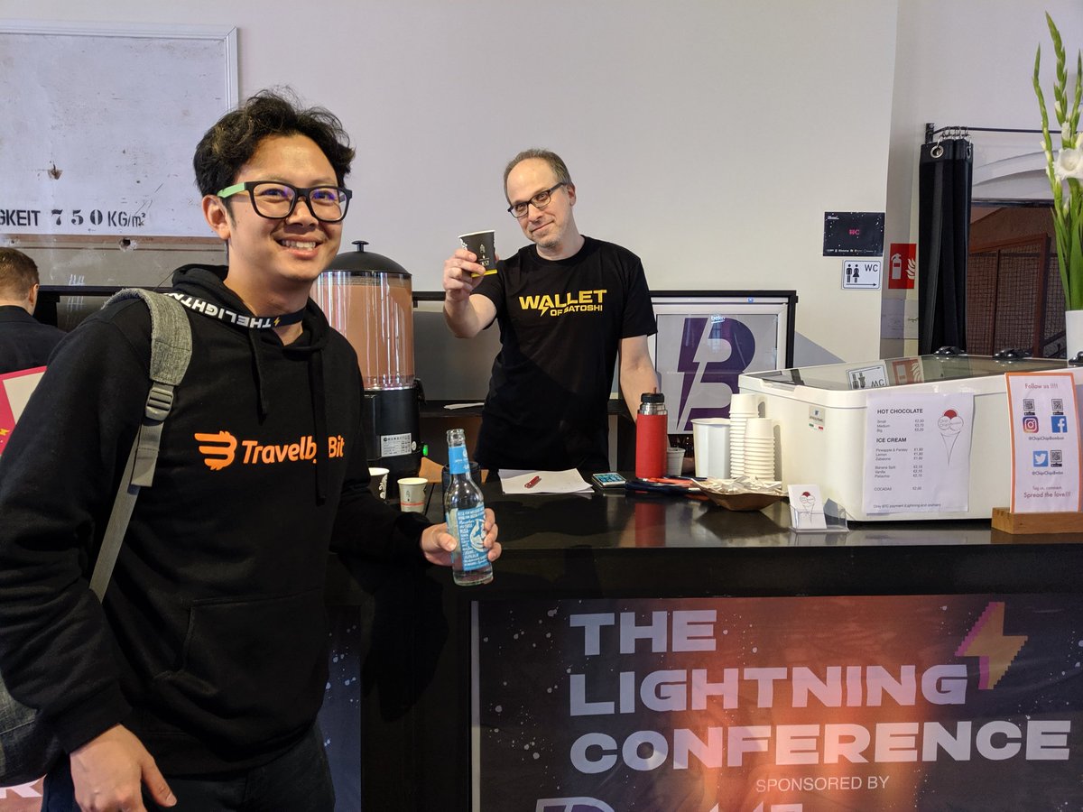 DtravelDAO's tweet photo. Have to be done. Travelling-by-bit to the @LNconf, morning caffeine fix through the #LightningNetwork with @walletofsatoshi. #TLC19 https://t.co/8w0hmivUeg