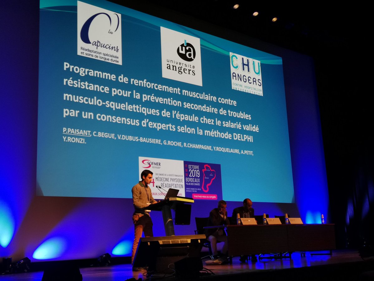 MPRangevin's tweet photo. Le Dr P. Paisant, @MPRangevin présentait son programme de renforcement musculaire contre résistance pour la prévention secondaire des #TMS de l'épaule au congrès de la @SOFMERofficiel #sofmer2019 #Bordeaux @FacSante_Angers @chu_angers #shoulder #delphi #rehabilitation #handicap https://t.co/LxomcySbga