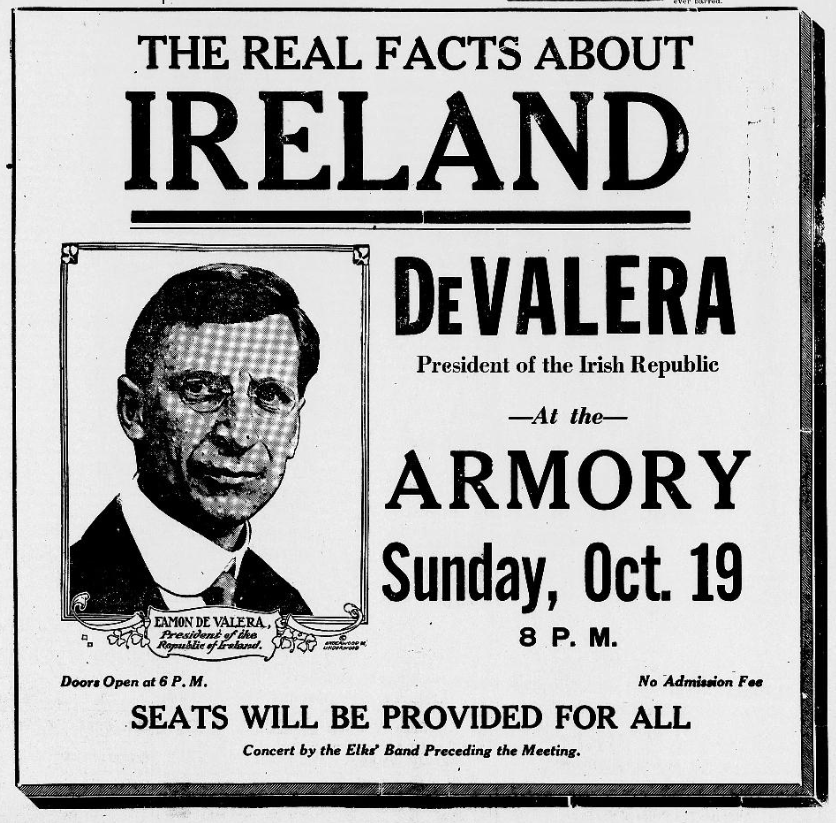 globalirishrev's tweet photo. #onthisday, October 19, 1919, Eamon de Valera visited the twin cities of Minneapolis-St. Paul. He addressed a crowd of 12,500 at the Minneapolis Armory, where “for twenty minutes the audience stood upon its feet and cheered and waived American and new Irish Republic flags.” https://t.co/Dy0yqYyXon