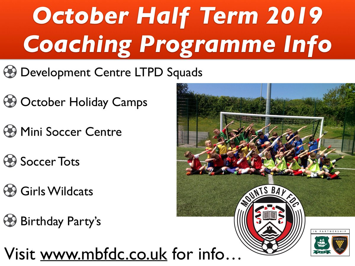 Mounts Bay FDC (@mountsbayfdc) on Twitter photo 🖊OCTOBER HALF TERM🖊| To avoid disappointment, visit our website for confirmation of dates for all our coaching programmes around half term ⚽️⚽️ <a href="/cornwallfa/">Cornwall FA</a> #cornishfootball <a href="/MountsBaySchool/">Mounts Bay</a> 🖊OCTOBER HALF TERM🖊| To avoid disappointment, visit our website for confirmation of dates for all our coaching programmes around half term ⚽️⚽️ <a href="/cornwallfa/">Cornwall FA</a> #cornishfootball <a href="/MountsBaySchool/">Mounts Bay</a>