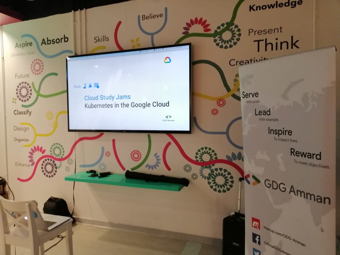 GDG_Amman's tweet photo. We are about kicking off in few minutes, it's the time for the #Kubernetes Study Jam π€© #gdgamman #cloudstudyjam19 https://t.co/8YINuaVJ0q