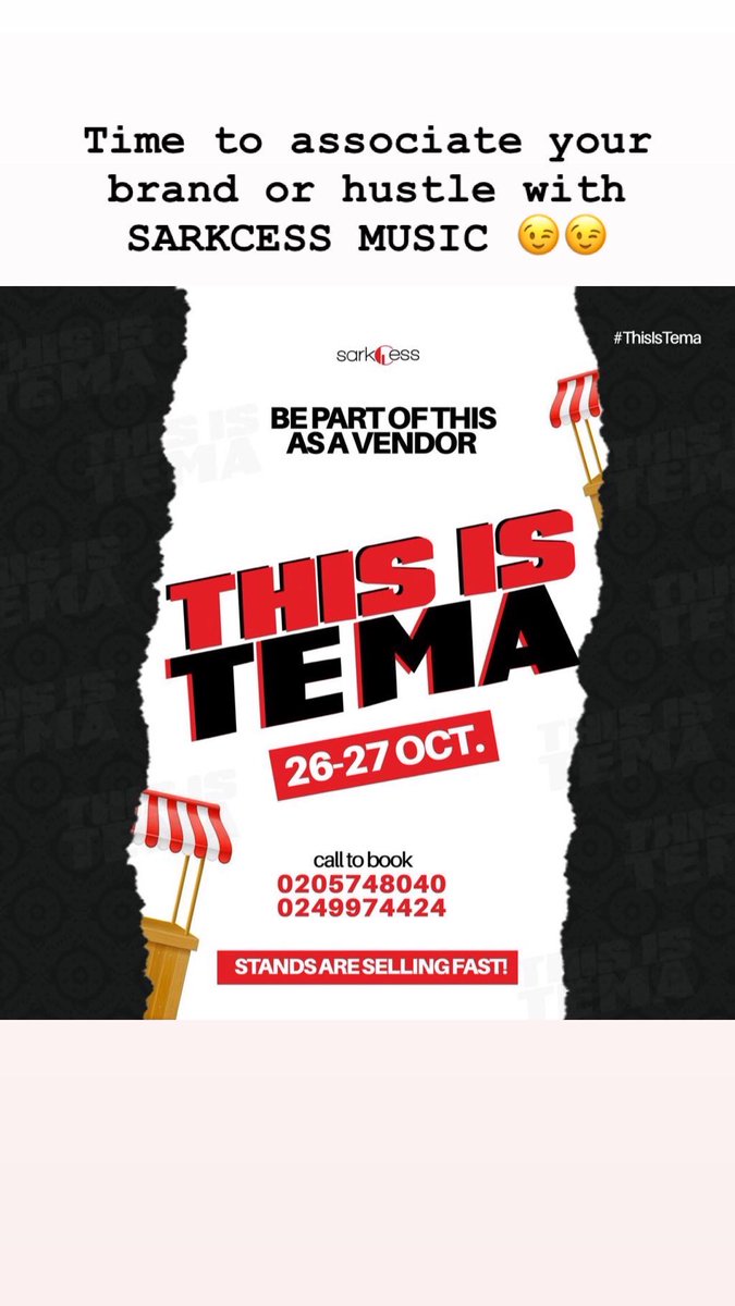 sins19kojohoho's tweet photo. What Be Your Hustle⁉️
#ThisIsTema by @sarkodie
📅26th Oct:
Sarkathon Walk 🏃🏿
Highest Ball 🤾🏾♂️ 🏀
Health screening 💉
📅27th Oct:The Biggest All day Musix Festival 🌋
CALLING FOR VENDORS‼️‼️
For Enquiries
🗳Dm @SarkMerch
☎️ 0249974424 /0205748040
#SarkMerch https://t.co/ShupxMrOAg