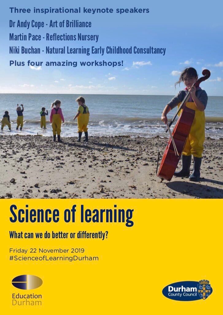 EduDurhamDebby's tweet photo. #nothingtodowithscience 
Martin Pace (Reflections Nursery &amp; Small School) &amp; Niki Buchan coming to Durham in November to talk about all things learning...along with 4 great workshops
What better evidence for more child-led, play-based learning
#Everyonewelcome 
#EYtwittertagteam https://t.co/fxI07zAaGS