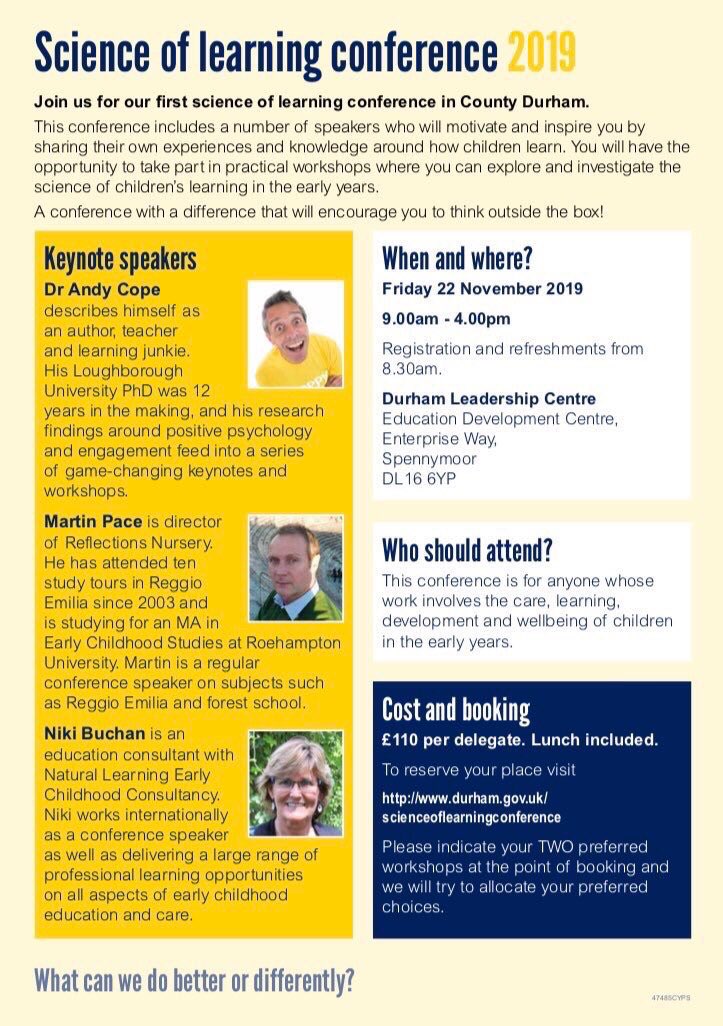 EduDurhamDebby's tweet photo. #nothingtodowithscience 
Martin Pace (Reflections Nursery &amp; Small School) &amp; Niki Buchan coming to Durham in November to talk about all things learning...along with 4 great workshops
What better evidence for more child-led, play-based learning
#Everyonewelcome 
#EYtwittertagteam https://t.co/fxI07zAaGS