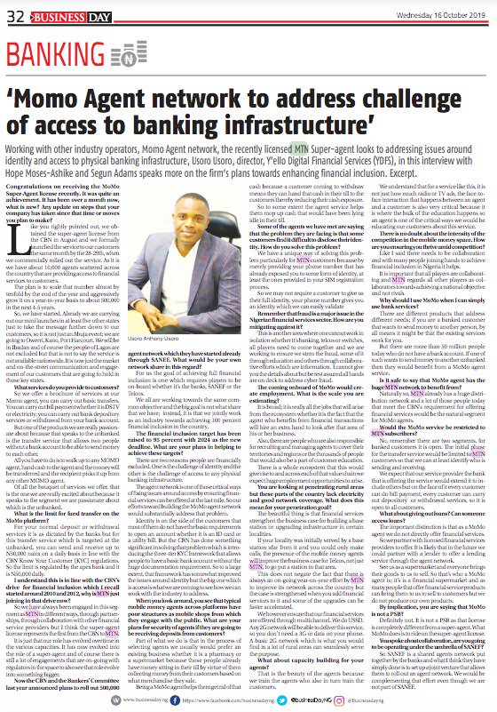 bhmng's tweet photo. "All you have to do is walk up to any #MoMoAgent, hand cash to the agent, the money will be transferred and the recipient picks it up from any other #MoMoAgent." #YDFS Director, Usoro Usoro gave us the full lowdown. Thank you, @businessdayng.🙏🏾 #MoMoAgent4u https://t.co/BILbQf68HT