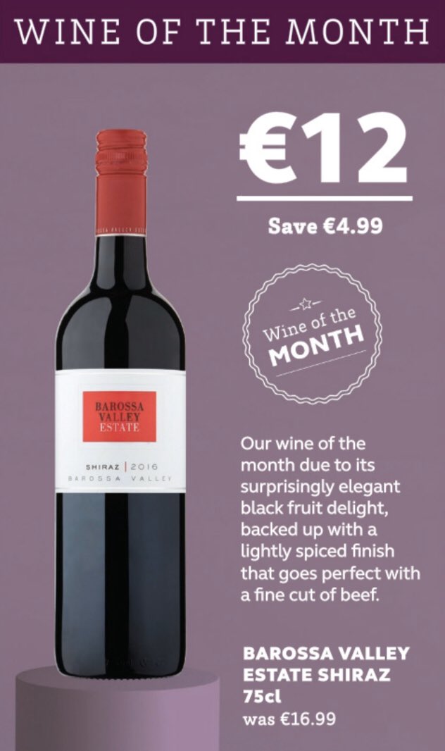 My Wine of the Month is the all appealing Barossa Valley Shiraz <a href="/SuperValuIRL/">SuperValu Ireland</a> this delivers a new age Shiraz where the purity of fruit shines through, very compelling wine.