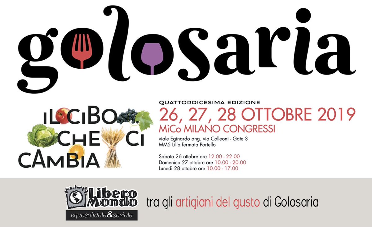 liberomondo_'s tweet photo. LiberoMondo è tra gli "artigiani del gusto" di @golosaria, manifestazione enogastronomica che si terrà al MiCo FieraMilanoCity: a raccolta 300 artigiani del gusto, 100 cantine, 20 cucine di strada,...
#golosaria2019 #artigianidelgusto #pasticceriaartigianale #biscottosalato https://t.co/Gcz8vRns54