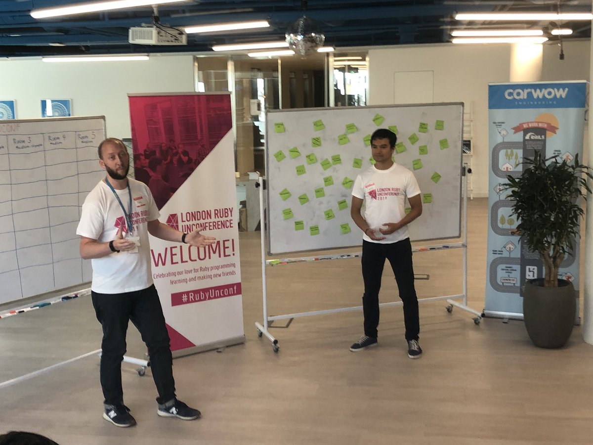 Its_maryjay's tweet photo. Rory from @carwowuk and Jairo kicking off @RubyUnConf #rubyunconf #rubyonrails #ruby #london https://t.co/L5LJf4kGz8