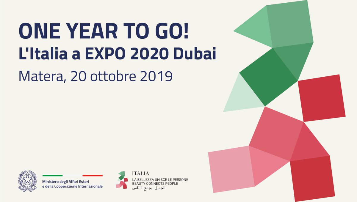 ItalyMFA's tweet photo. Min Luigi Di Maio domani a #Matera con il Ministro degli Esteri 🇦🇪, Abdallah Bin Zayed Al Nahyan, per partecipare a #1yeartogo, evento di presentazione del Padiglione 🇮🇹 a #Expo2020 #Dubai e passaggio di testimone tra #Expo Milano e Dubai #italyexpo2020 #labellezzauniscelepersone https://t.co/nGiUENjiYJ