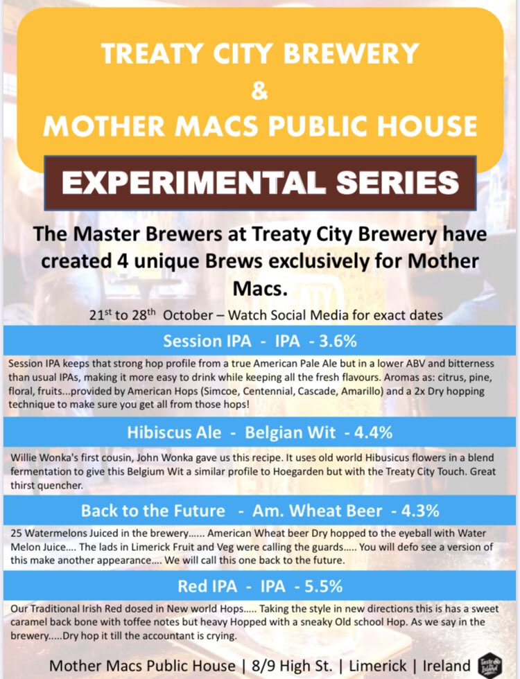 mothermacspub's tweet photo. Over the course of the week these will be making an appearance. Keep an eye on social media and @untappd for updates.
It all launches Monday at 17:51 in Peggy’s Parlour @mothermacspub. Steve and the @TreatyCityBrew team will be on hand
#experimentalseries #beerrnd #Limerick https://t.co/aY5hV8ktX1