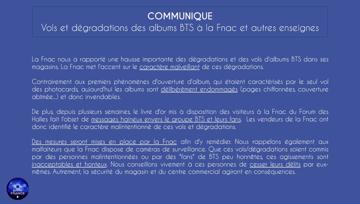 ARMYFRANCE_'s tweet photo. [❗️Vols/Dégradations Albums BTS]

Veuillez lire ce communiqué relatif à la hausse des vols et des dégradations d’albums #BTS dans les Fnac et autres magasins ⚠️

Caractère malintentionné, messages inappropriés, nouvelles mesures de sécurité... https://t.co/jSkY4hclCa