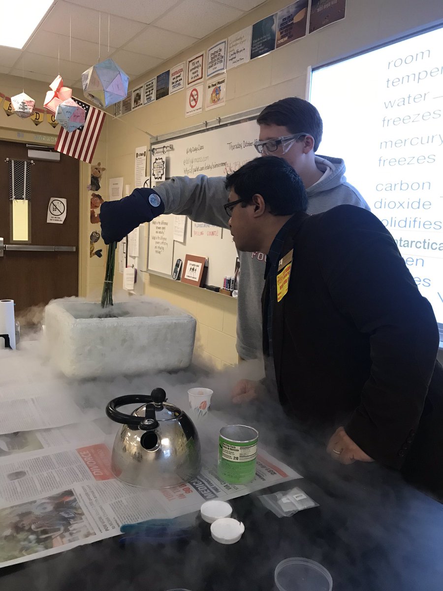 MsDotysClass's tweet photo. Learning about liquid nitrogen and careers in science with Dr. Albert Gapud this past week in chemistry #CHSnation #wildcatnation https://t.co/X44WAOEmUa