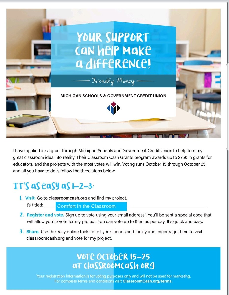 Please vote for my 2nd grade classroom to receive a $750 grant for flexible seating! 5x a day! TY!