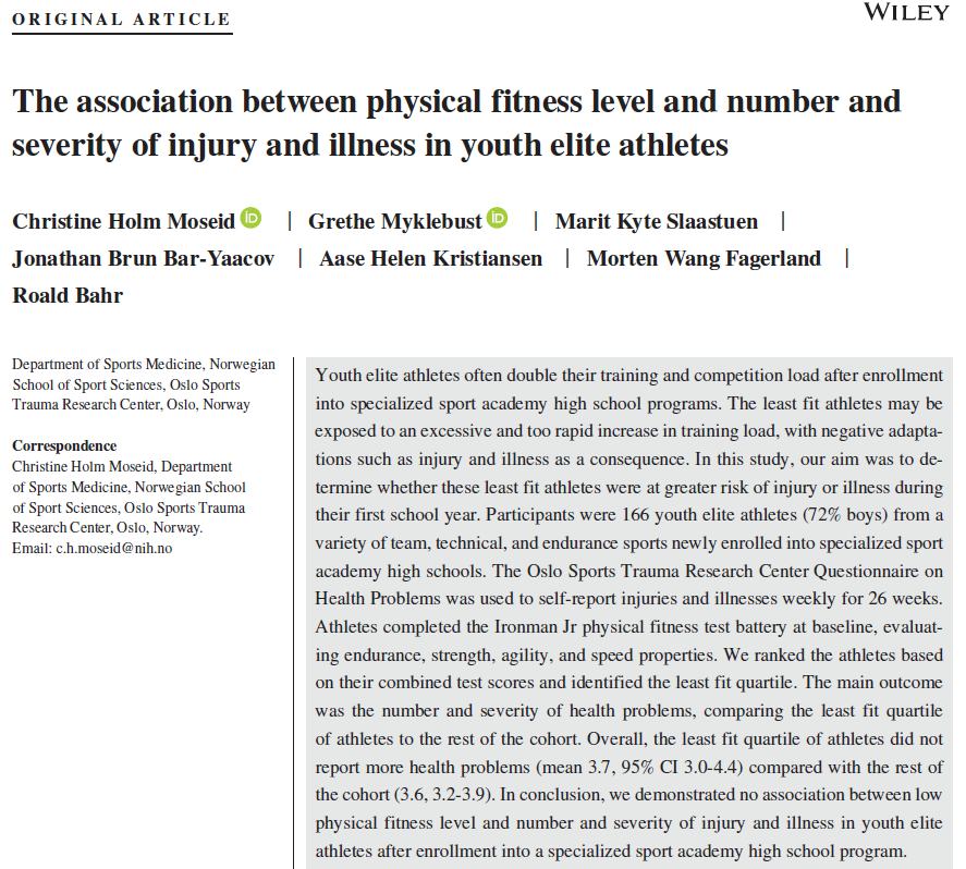 It's out. Somewhat to our surprise, the least fit athletes were not at greater risk of injury or illness after entering an intensive elite academy high school program at age 16. But they were all fairly fit...  

onlinelibrary.wiley.com/doi/abs/10.111…