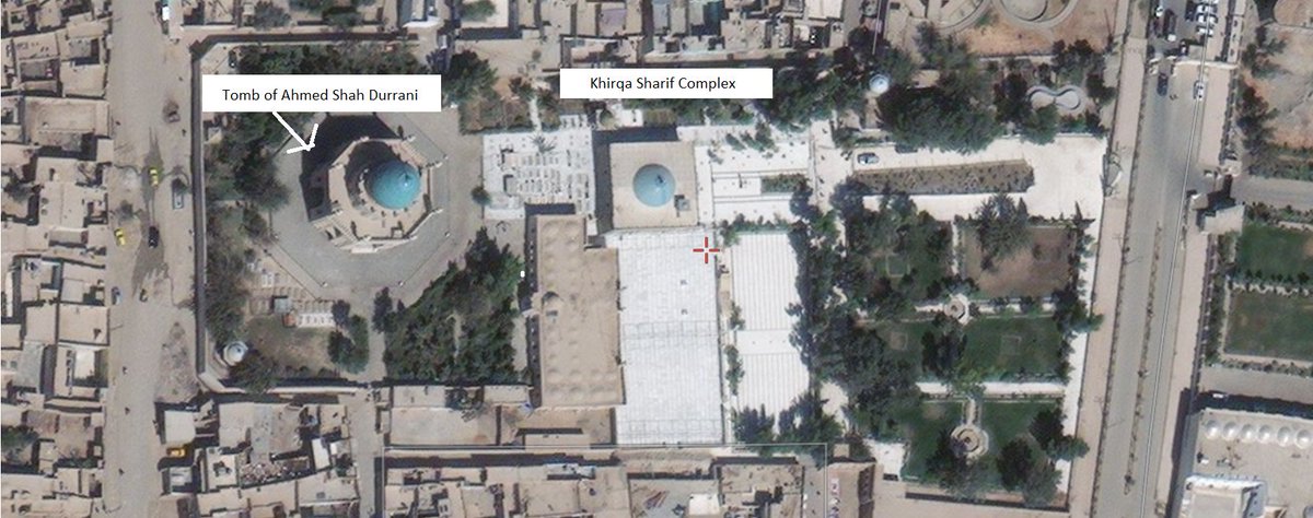 on the suggestion of the custodian of cloak, constructed a separate building right in front of the mausoleum of Ahmed Shah Durrani. And this has been the abode of the sacred cloak since 1768, almost two and a half centuries.  https://satellites.pro/Kandahar_map.Afghanistan#31.619507,65.708141,19