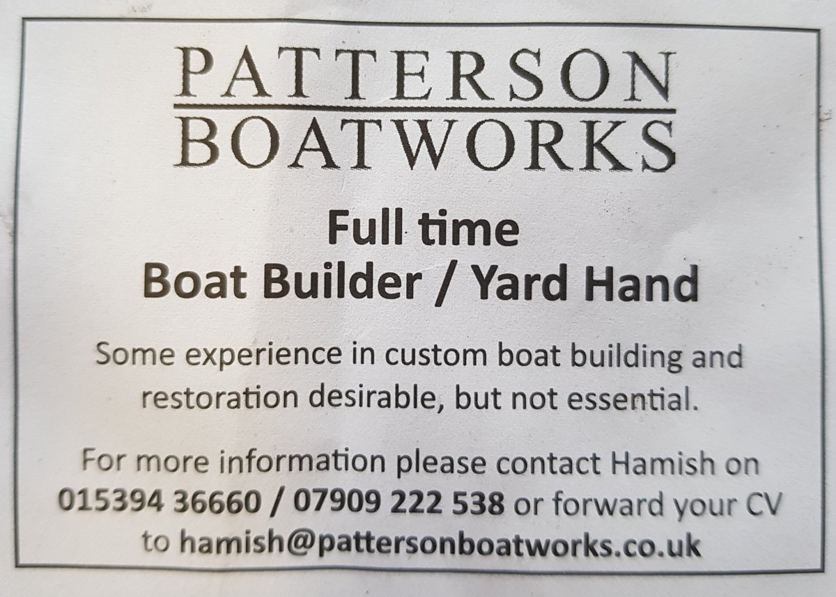 pattersonboat's tweet photo. Patterson Boatworks are looking for #boatbuilder / #yardhand to join our growing team. Our yard is in Hawkshead but work covers the whole Lake District. @HawksheadLakes https://t.co/VRGlfZVge9