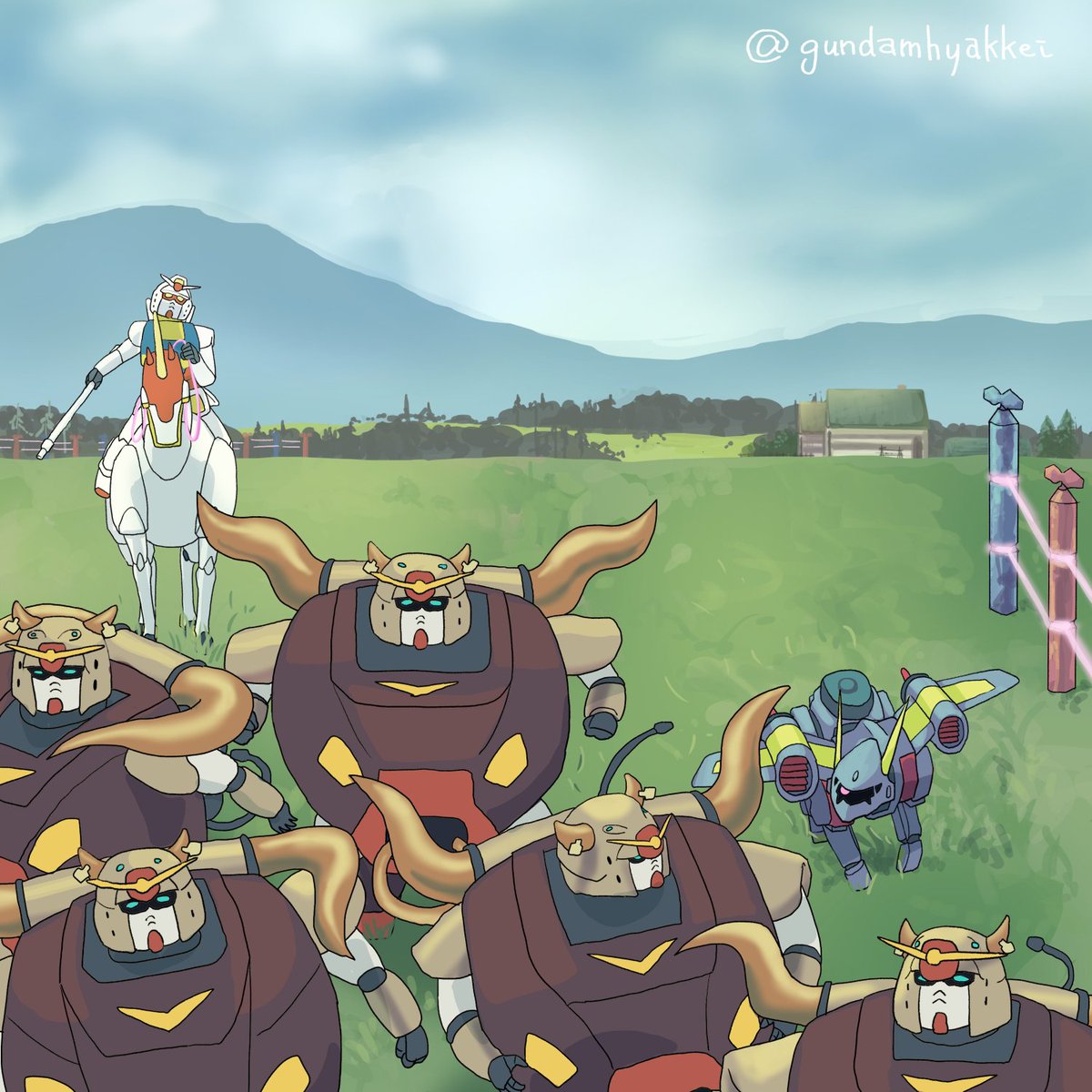 gundamhyakkei's tweet photo. tw-141 放牧するガンダム　a herding dog
#ガンダム百景 https://t.co/CHQqzT9nUZ