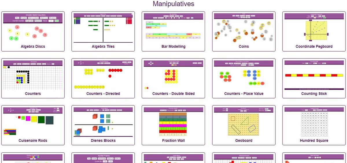 My growing collection of virtual manipulatives.

There's more than I can fit on a single screenshot now, which bugs me a little.

Get them all here: mathsbot.com/#Manipulatives