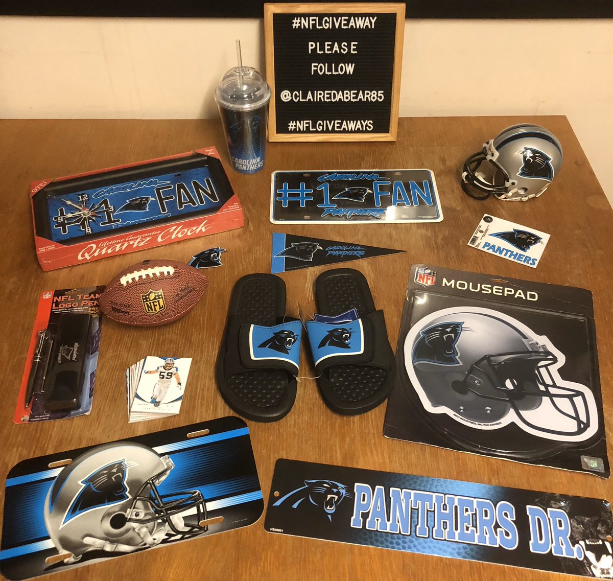 clairedabear85's tweet photo. #Panthers #KeepPounding #NFLGIVEAWAY goodie bundle. This lot is jammed packed full of Panthers #SWAG To enter for a chance to #win this #prize u MUST follow @clairedabear85 &amp; RT this link. This #Giveaway will run till the 25/10 &amp; is open to ALL #NFL fans globally 🌍 Good Luck All https://t.co/q0vXOuuqqe