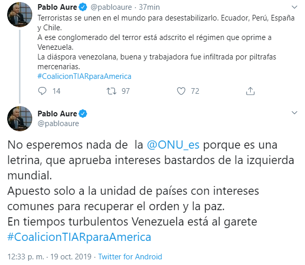 The Venezuelan opposition never disappoints. Protesters are terrorists, just like in  #Ecuador,  #Peru and  #Spain. All linked to Maduro. Oh, and the UN is a 'latrine that approves the bastard interests of the world left' (this seems a tweet away from the Judeo-Bolshevik conspiracy)