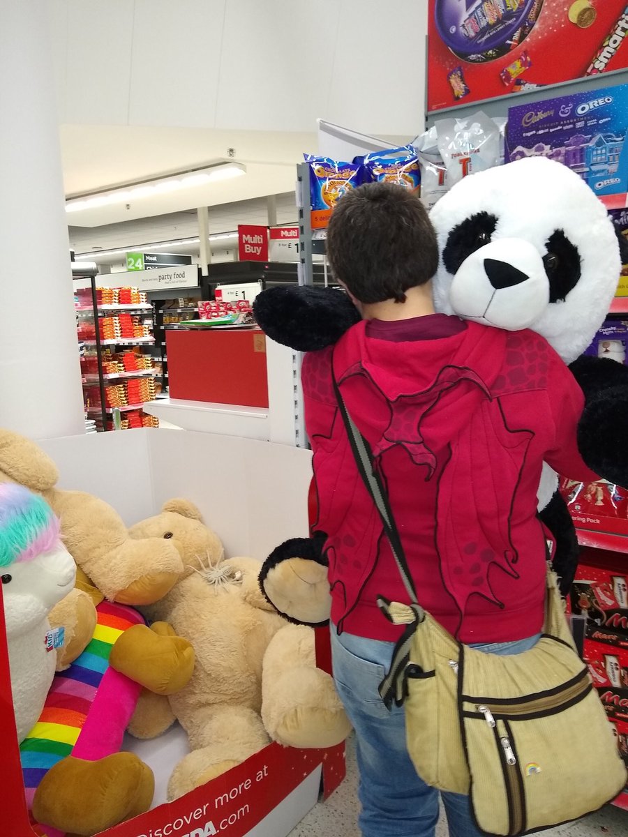Lee hugging a gigantic panda almost as big as they are