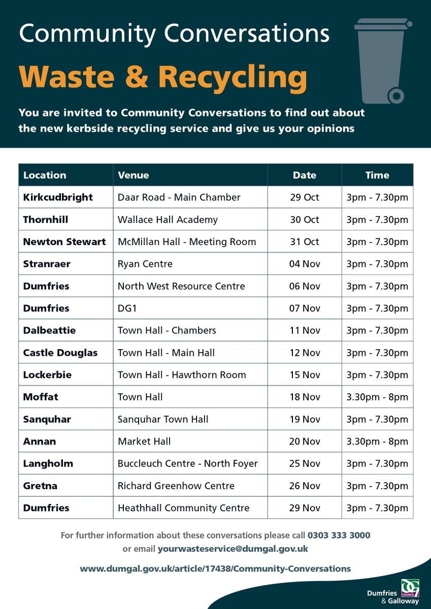 We're running Community Conversations on our Waste Service.  Please come along to an event, starting on 29 October and hear about our plans for kerbside recycling and give us your thoughts on Household Waste Recycling Centre opening times crowd.in/tgcinp