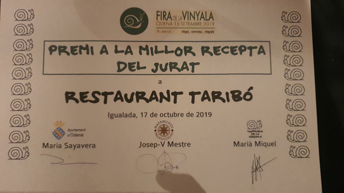 Dijous vam acompanyar la Confraria de la Vinyala al sopar anual de la vinyala agraïda 🐌 en el que vam lliurar els premis a les 🔝 receptes de la Fira de la Vinyala. Felicitats rest. Taribo i L’Escorxador 👏 i gràcies amics de la <a href="/Vinyala/">Confraria de la Vinyala</a>