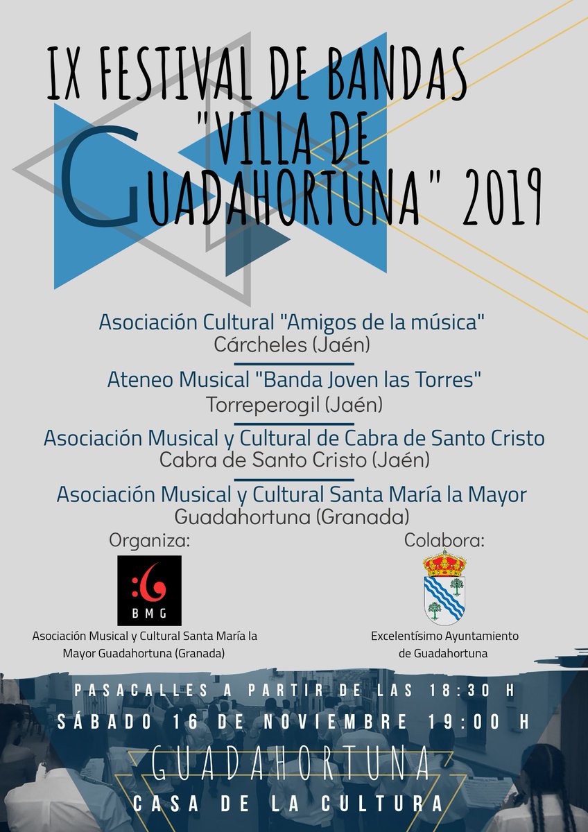 BMGMariaMayor's tweet photo. Volvemos tras una temporada alejados de las redes para presentar la fecha del próximo festival de bandas de música "Villa de Guadahortuna 2019". Este tendrá lugar el próximo día 16 de Noviembre a las 19:00h en la casa de la Cultura de Guadahortuna. https://t.co/Koi2ZaQ1J6