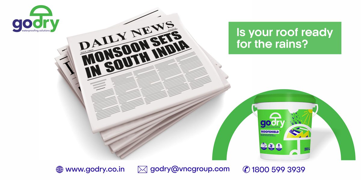 vncgroup's tweet photo. GODRY ROOFSHIELD provides excellent resistance against ingress of water into the roof & terrace due to rain or stagnant water. Also, it reflects solar radiation & reduces the temperature by up to 8°C. #GODRY #ROOFSHIELD #VNCgroup #Waterproofing #LetsGoDry https://t.co/pGDkZ1XQDk