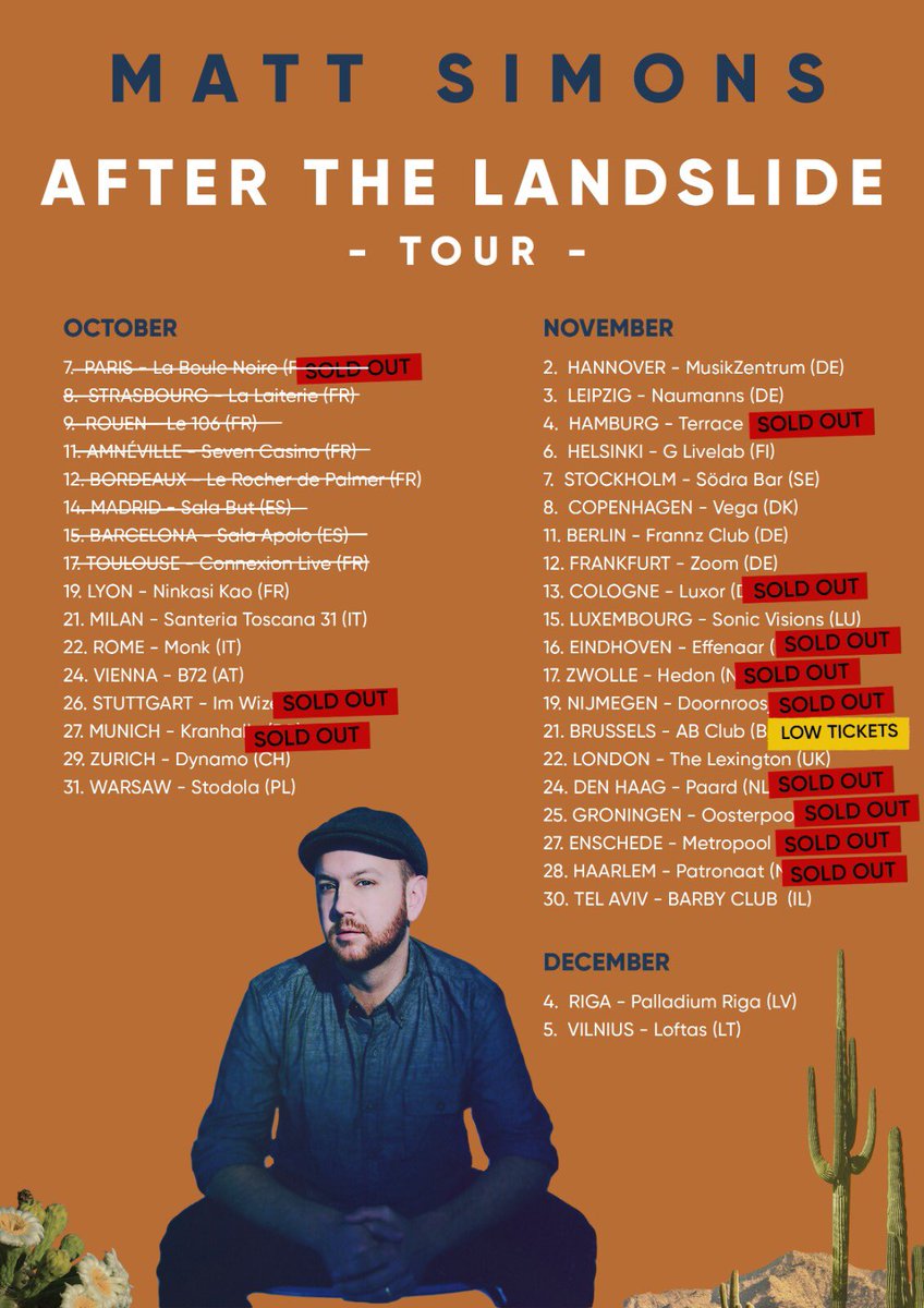 MattSimons's tweet image. 8 shows down, a whole bunch to go. All NL shows, Stuttgart, Munich, Hamburg and Cologne are now sold out! See you soon Lyon ✌️