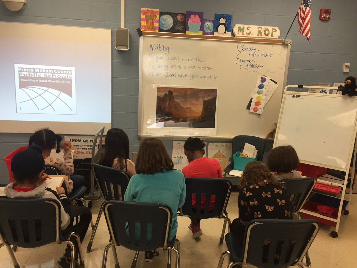 AimeeRop's tweet photo. National Day of Writing in my art room! I loved seeing all the creative writing going on when the students had to describe what it would be like to spend the day in the painting! @HMESLiteracy @HaymarketCubs #NationalDayonWriting #Haymarkettogether #Hmesart https://t.co/X0lWNGUx7V
