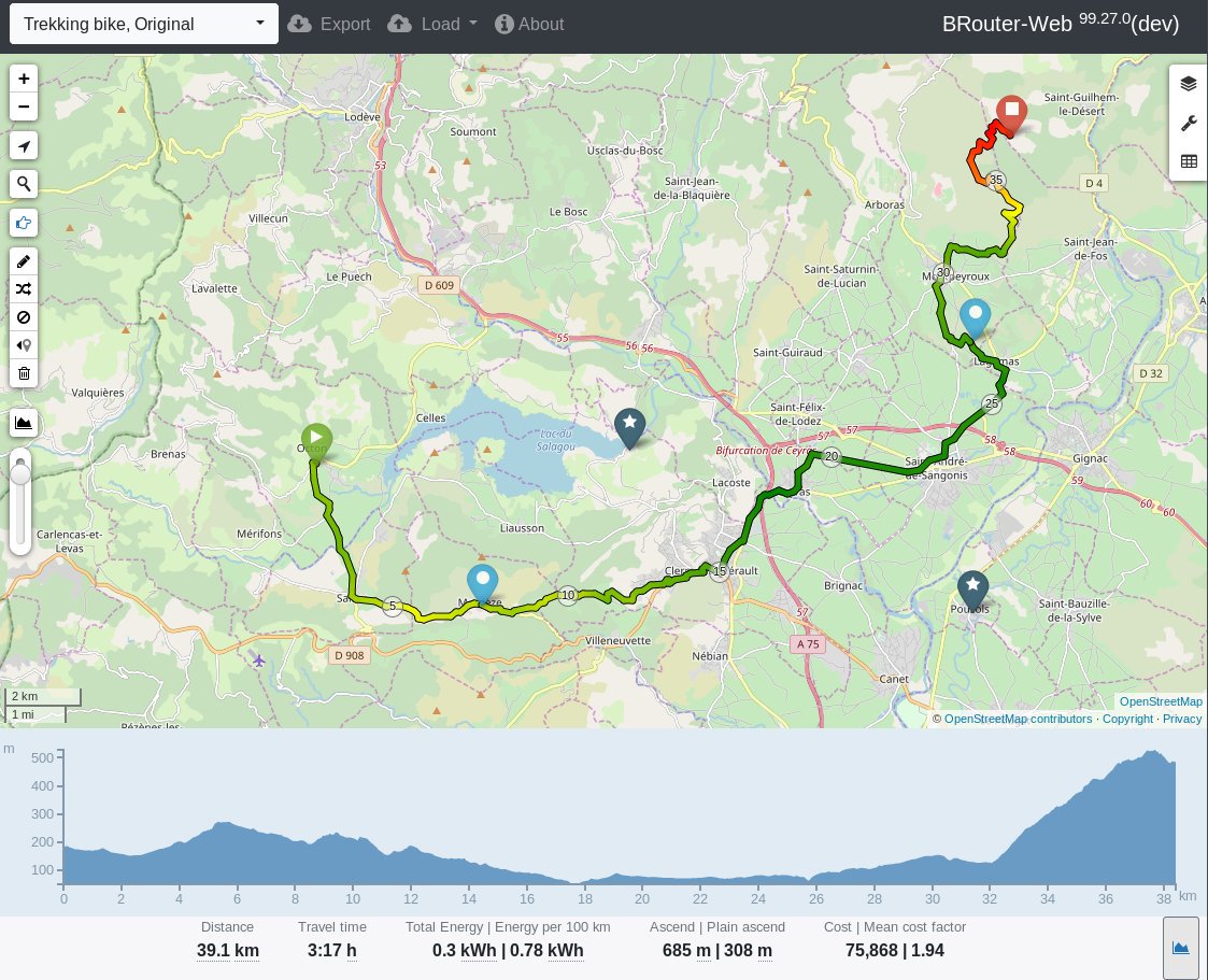 bagage_'s tweet image. #BRouter got lots of new features recently! Amongst others:
- new from, to, via and 5km markers
- you can add Point of Interests and export them
- @CyclOSMorg  as default map
- route cost visualization (altitude, incline or cost)
Testable now on brouter.damsy.net