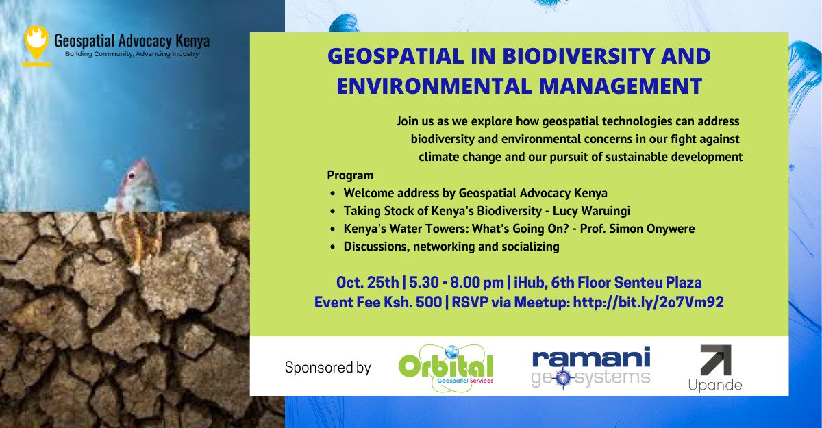 Thanks to @Ramani_Group ,@Upande and @orbital for being our sponsors for our second @GeospatialK #meetup on Geospatial in Biodiversity and Environmental Management. @EsriEA @OakarServices @geosymp @RCMRD_ @SpatialityKe @geomapltd @WiGISKe @OSMKenya @mapkibera @NemaKenya