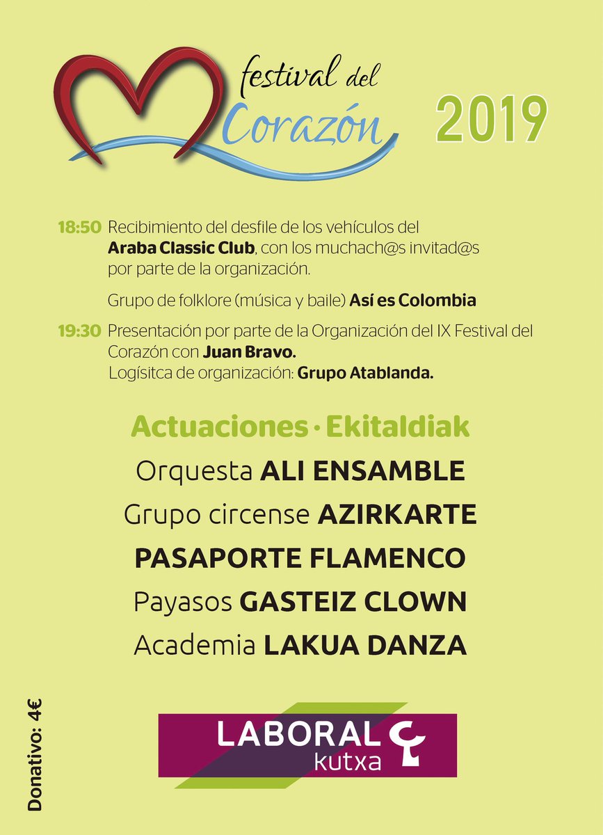 BravoXGasteiz's tweet photo. #FestivalDelCorazón en #VitoriaGasteiz
Coches clásicos, folklore colombiano, circo, flamenco, orquesta, coro, danza, premios... Y lo mejor de todo: el público al que va destinado.
Festival del ❤
Hoy sábado, 19:30 h.
Conservatorio de Música Jesús Guridi
Presenta: @J1Bravo https://t.co/2eDUBXImI2