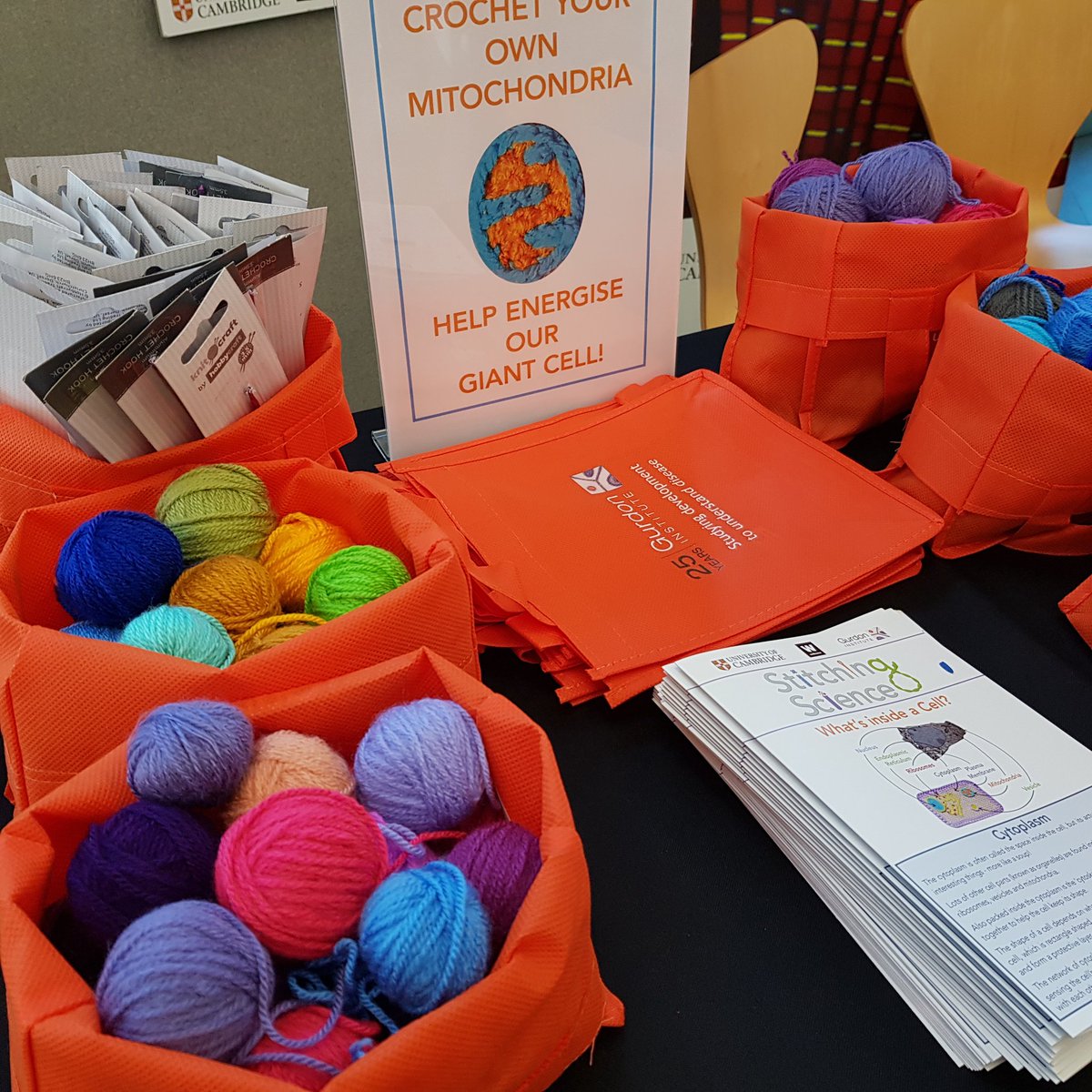StitchingSci's tweet photo. Having a great time @camideasfest today! Come grab some wool and make your own #crochetcell or #mitochondria. We'll be here at the Faculty of Law with @GurdonInstitute scientists until 5pm today, so pop by and see us! https://t.co/PJ5ykQ3vpr