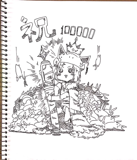 #バーチャルペンギン
 #松村上久郎 
祝100000人 おめでとうございます!!
お祝いに銀の万年筆と
10万匹の松村うさぎを降らせました!!
(本当は10万匹 描いてません) 
