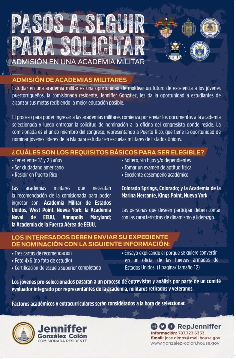 Jenniffer's tweet photo. Como congresista me enorgullece que pueda recomendar a nuestros estudiantes para que ingresen en una de las academias de las Fuerzas Armadas. 

Hoy estamos celebramos un Open House - ven y oriéntate sobre alternativas para continuar tus estudios. https://t.co/z4Z5zDtb6m